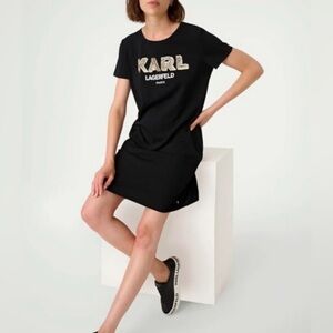 KARL LAGERFELD || Black T-Shirt Dress with Pearl Logo. Sz. L